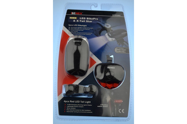 Фонарь перед+зад ET-326, компл. в одной упаковке, батарейки AAA в комплекте, черный